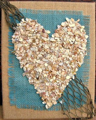 Gorgeous crushed shell heart on burlap background.  How to at www.shellcrafter.com